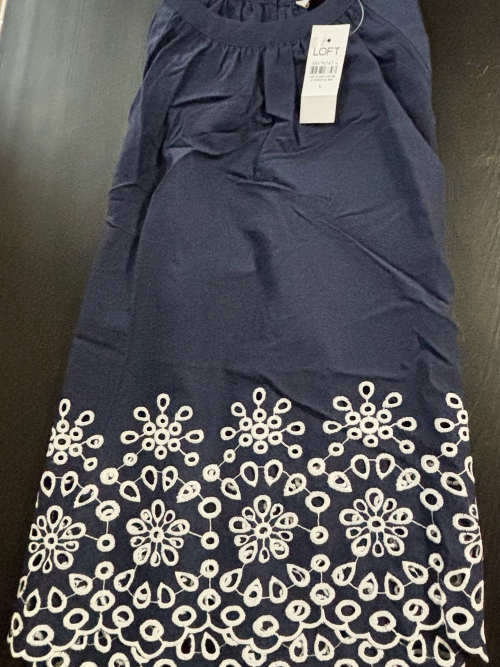 LOFT Navy Blue Sleeveless Tank with White Floral Eyelet Hem